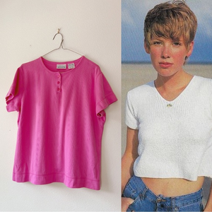 Vintage 90s pink short‎ sleeve ribbed shirt XL